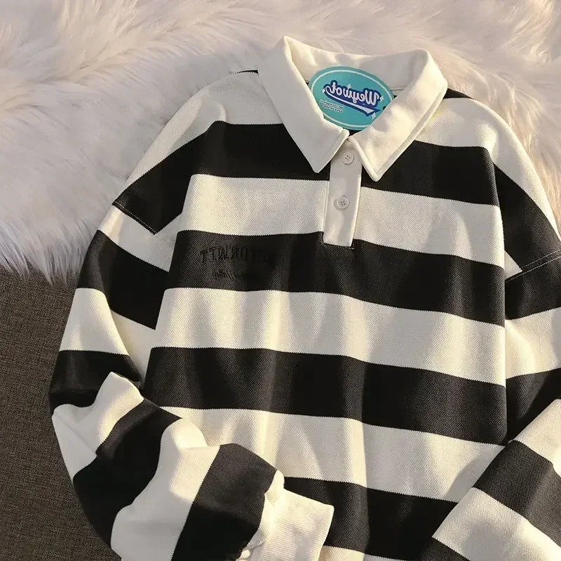 T Polo Shirts For Men Black Tops Oversize Male Clothes Big Size Embroidery Stripe Luxury Casual Full Sleeve High Brand Aesthetic