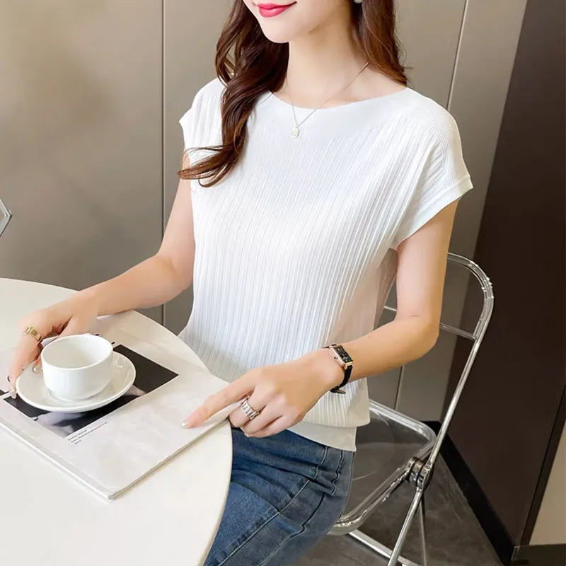 2025 New Spring Autumn Fashion Straight Neck  Knitted Sweater Short Sleeve Women Solid Color Simple Casual Tops Fema