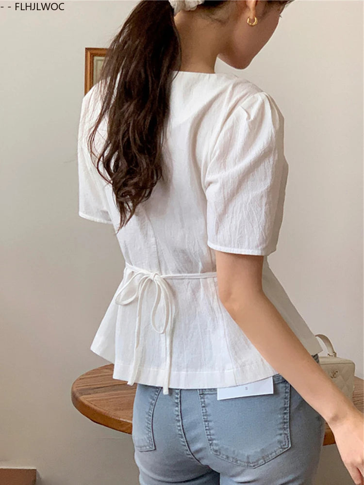 Cotton Linen Short Crop Tops Blouses Retro 2025 Summer Girls Chic Korea Woman Slim Fitted Bodycon Slit Peplum Top Button Shirts