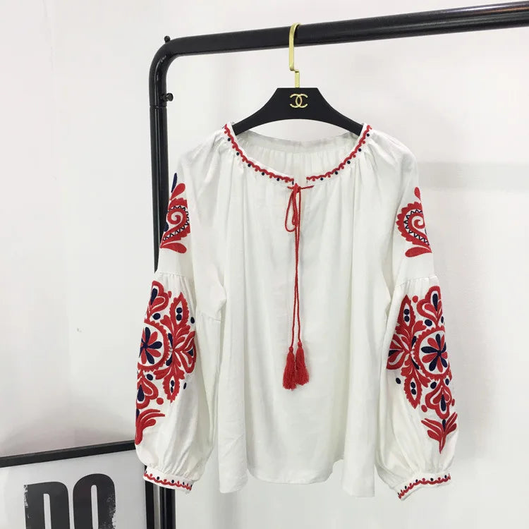Bohemian Embroidered Dress for Women, Boho, Flower, O-Neck, Lantern Long Sleeve, High Waist, Cotton, White, Spring