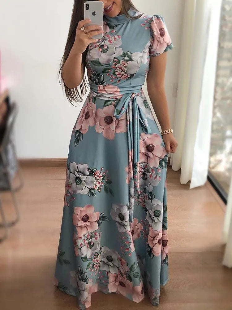 2023 Autumn New European and American Flower Print Short Sleeve Large Swing Dress for Women