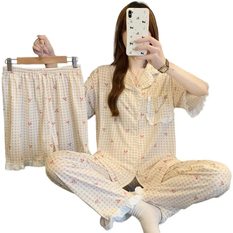 Women's Pajamas Cherry Plaid Print Sleepwear Button Top Korean Casual 3 Piece Suit Pyjama Femme Nightwear Loungewear for Summer