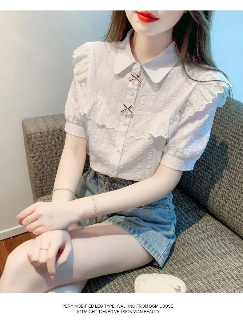 Summer Dress Women's Shirt T-Shirt New Women's Shirt Cotton Shirt Women's Foreign Design Sense Niche Short Sleeve Lace Top