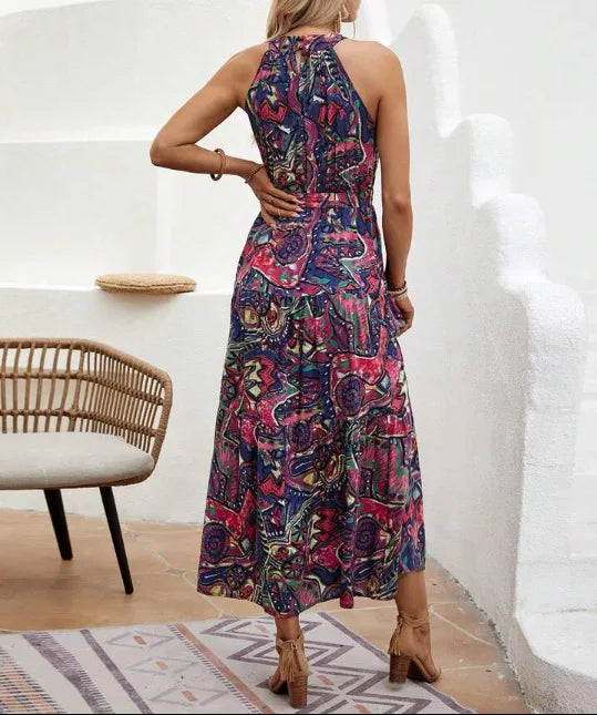 Women's Dress Elegant Print Sleeveless O-neckhalter Off Shoulder Dresses Vintage Waistlace Up Boho Women Long Dress Vestidos