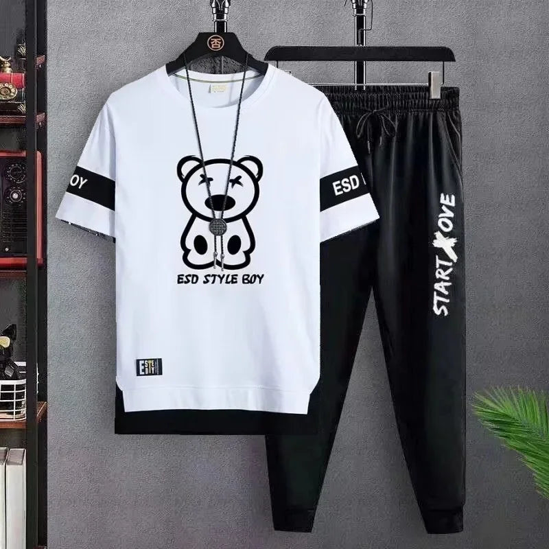 T Shirt for men Casual Set Suit  T-shirt Slim Fit Short Sleeved Fashion chothes and Trendy Versatile T-shirt and Sports Pants