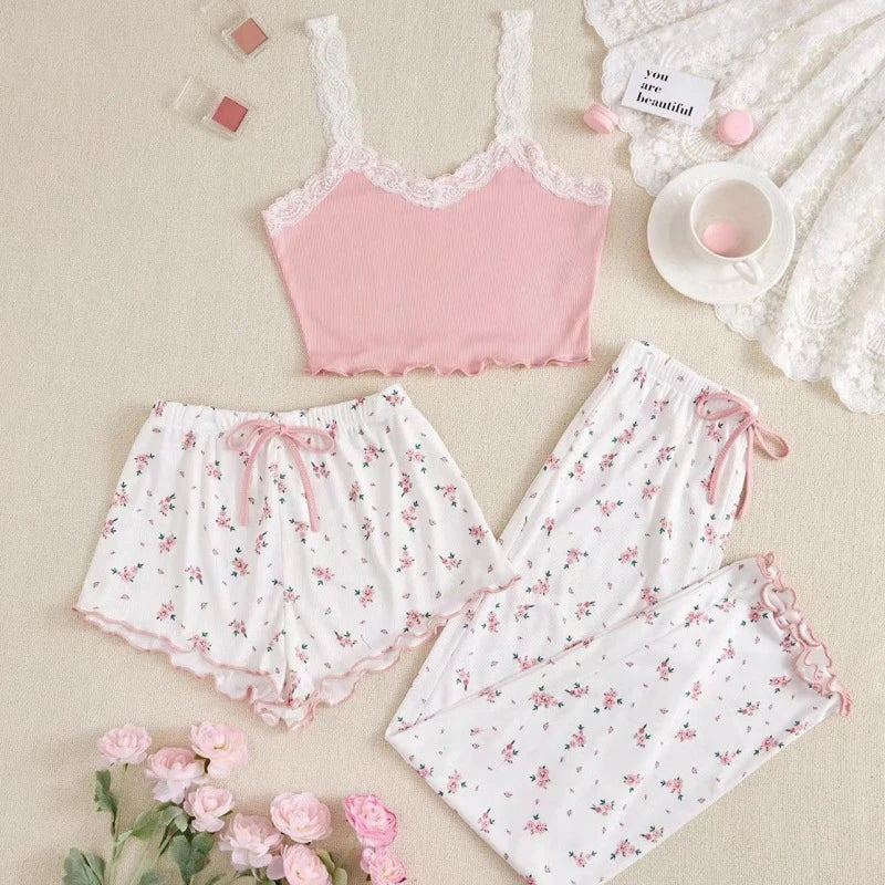 Women's Pink Cami Pajama Set Floral Print Wide Leg Pants Lace Trim Ribbed Sleepwear Soft Comfortable Pj Set New Trendy Fashion