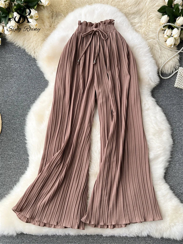 SINGREINY Bandage Basics Casual Pants Women Summer Oversize Draped Wide Legs Pants High Waist Solid Long Pleated Trousers