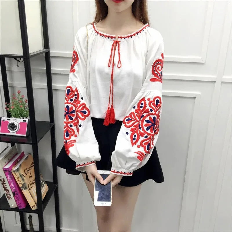 Bohemian Embroidered Dress for Women, Boho, Flower, O-Neck, Lantern Long Sleeve, High Waist, Cotton, White, Spring
