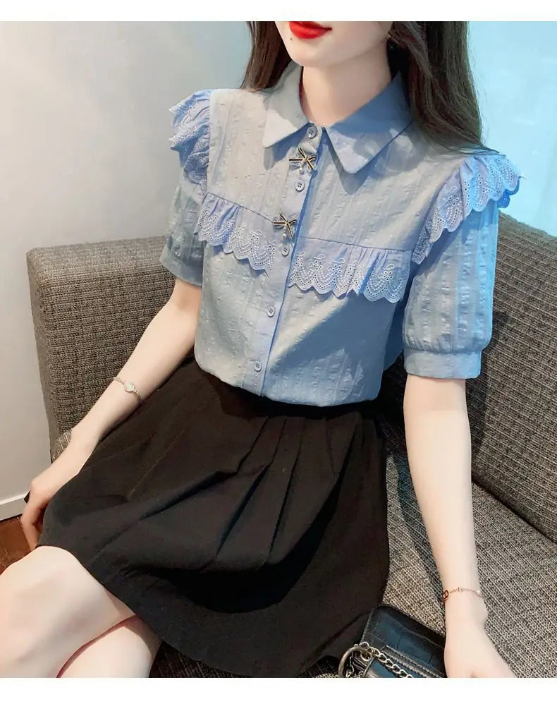 Summer Dress Women's Shirt T-Shirt New Women's Shirt Cotton Shirt Women's Foreign Design Sense Niche Short Sleeve Lace Top