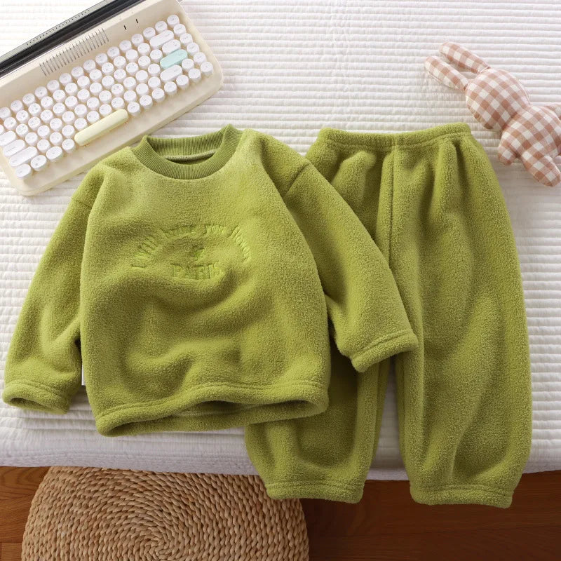 Children's Pajama Set for Boys and Girls Autumn and Winter with Thick Velvet Home Clothes Baby Warm Pure Color Clothing Set
