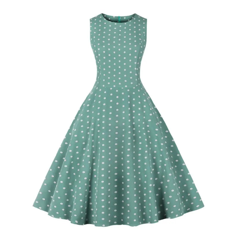 2025 New Women Party Dress Dot Print Sleeveless A Line 50s Evening Gowns Red A-line Tight Waist Prom Banquet Summer Midi Dress