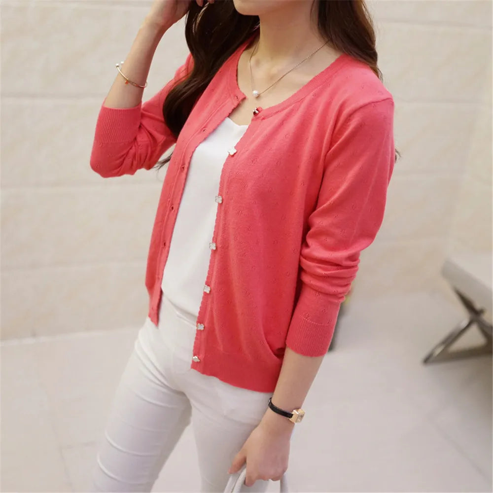 Fashion Korean Sweater Women Short Cardigan Coat Ladies Female Knit Sweater Long Sleeve Crochet Casual Cardigans Woman BasicTops