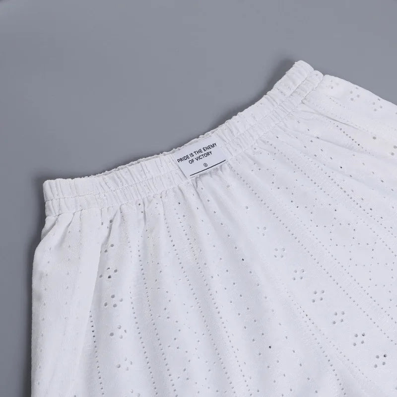 Pajamas for Women Summer Sleepwear Hollow Out Pajama Long Sleeve Tops Shorts Pyjama 2 Piece Set Homewear Nightwear Pijama Mujer