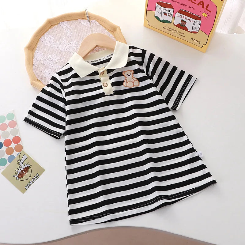 Summer Girl Dress Bear Embroidered Polo Neck Dresses Striped A-line Skirt Princess Skirt Soft and Comfortable Children Clothes