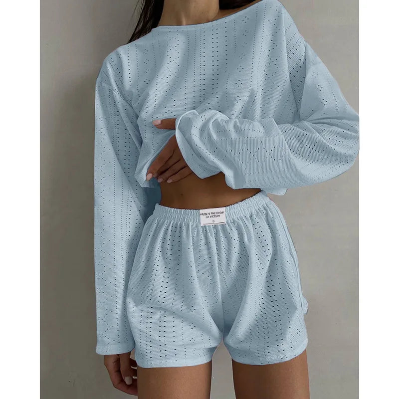 Pajamas for Women Summer Sleepwear Hollow Out Pajama Long Sleeve Tops Shorts Pyjama 2 Piece Set Homewear Nightwear Pijama Mujer