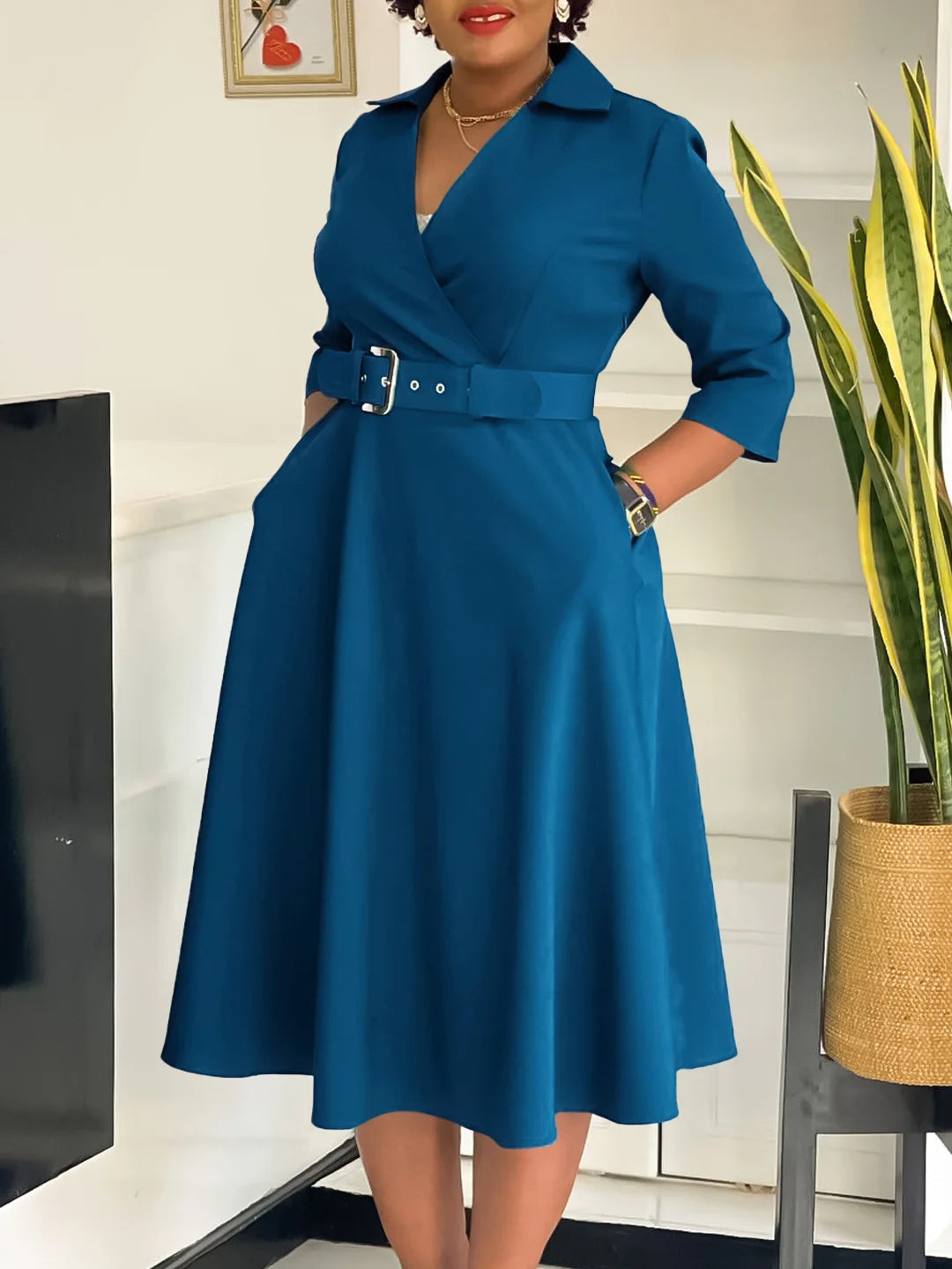 Large size women's 2025 autumn new lapel fashion temperament solid color swing skirt dress
