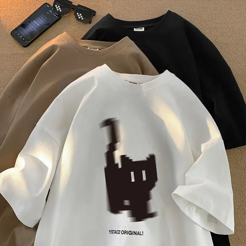 Short Sleeved T-shirt for Men and Women American Retro Pixel Style Pure Cotton Bottomed Shirt Loose Half Sleeves Summe