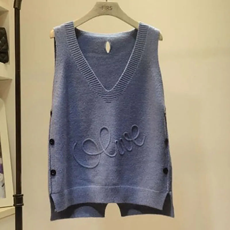 WTEMPO Fashion V-Neck Button High Low Vest Sleeveless Sweater Women's Clothing Autumn All-match Pullovers Loose Korean Tops