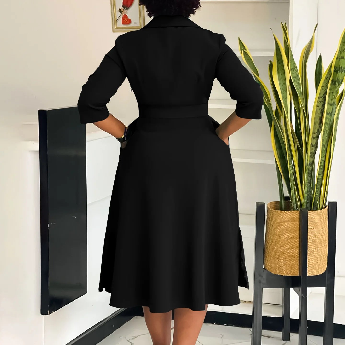 Large size women's 2025 autumn new lapel fashion temperament solid color swing skirt dress