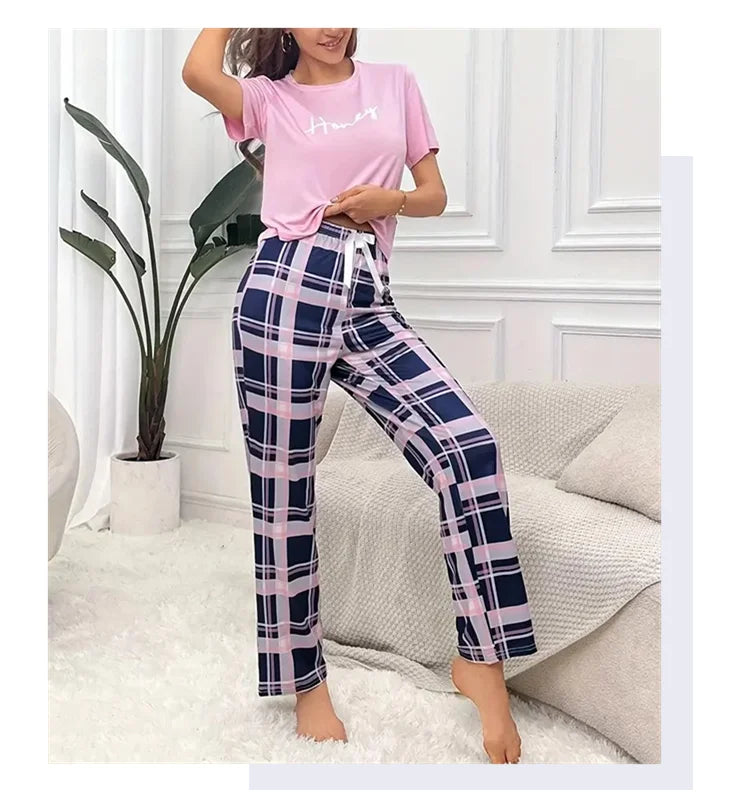 Women's Pajama Pj Set Letter Print Short Sleeve Top & Plaid Print Pants with Bow Details Casual Sleepwear for Adults All Seasons