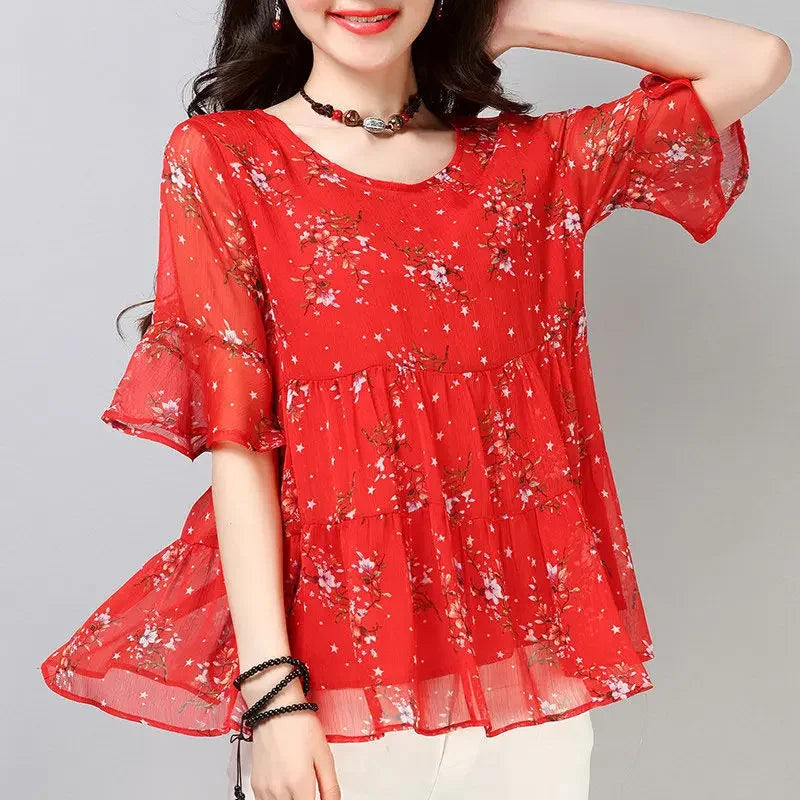 Blouse Women Chiffon Shirt Short Sleeve Women's Top Printed Loose round Neck Blusas Ropa De Mujer