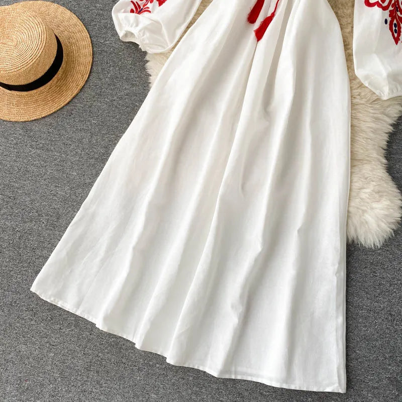 Bohemian Embroidered Dress for Women, Boho, Flower, O-Neck, Lantern Long Sleeve, High Waist, Cotton, White, Spring