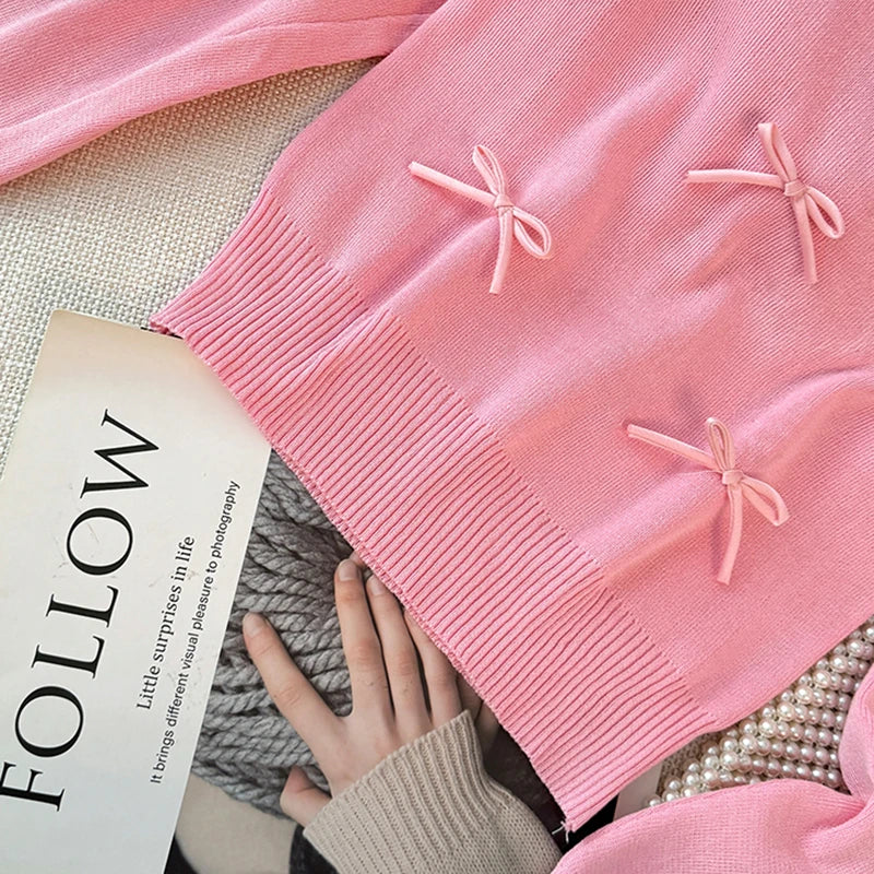 Women Bow Cute Knitted Crop Tops Long Sleeve Square Collar Slim Black Pullover Sweater Female 2025 Autumn And Winter