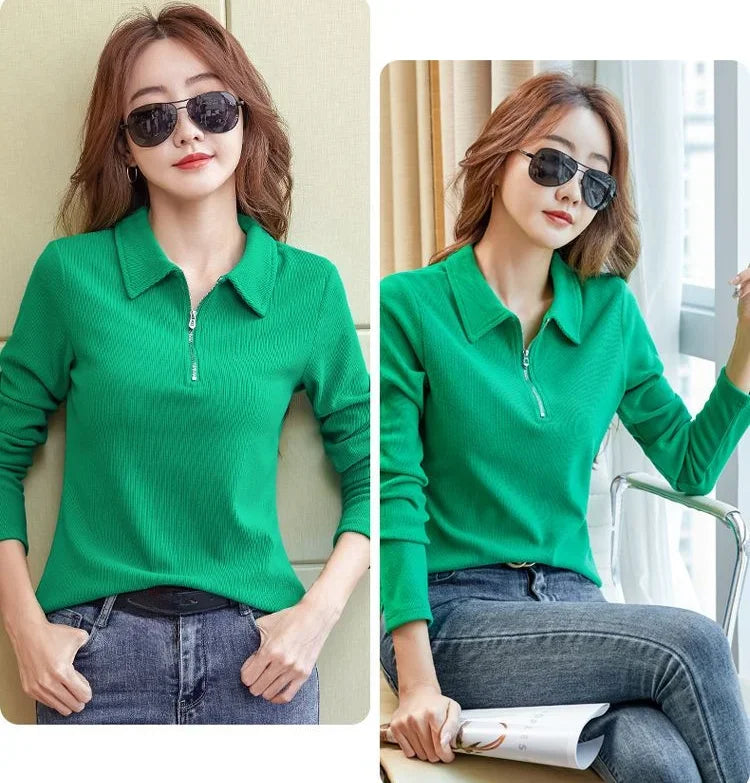 Polo Neck T Shirt for Women Long Sleeve Woman Tshirt Autumn Winter Slim Shirts Youthful Elegant Clothing Trend 2025 Polyester In
