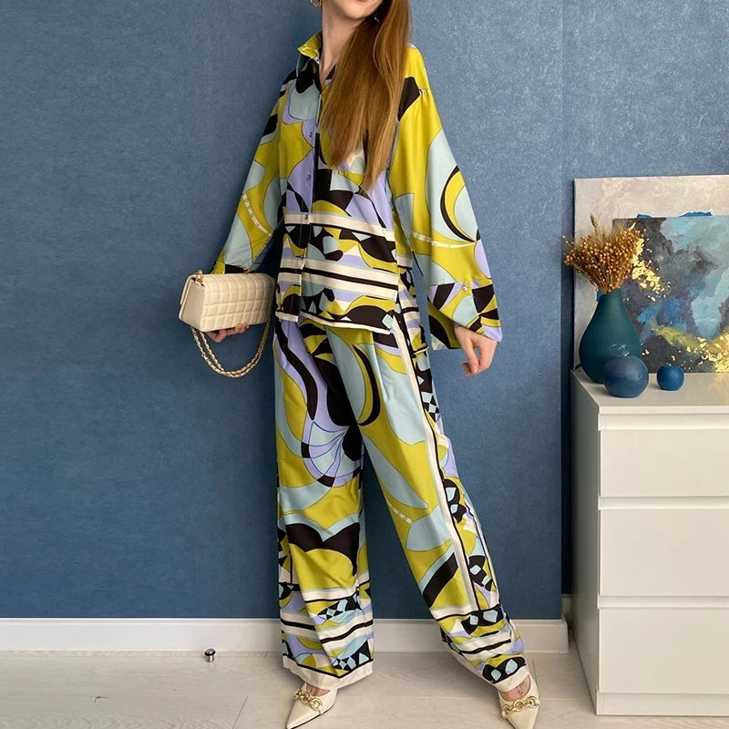 Fashion Women's Print Pajama Set 2 Pieces with Pants Spring Ladies Sleepwear Long Sleeve Pijama Suit Can Be Wear Outside 2024