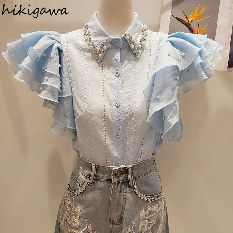 2025 Blusas Mujer De Moda Sweet Blouse Diamond Flying Sleeve Ruffles Pink Shirts Temperament Summer Blouses Tops Women Clothing