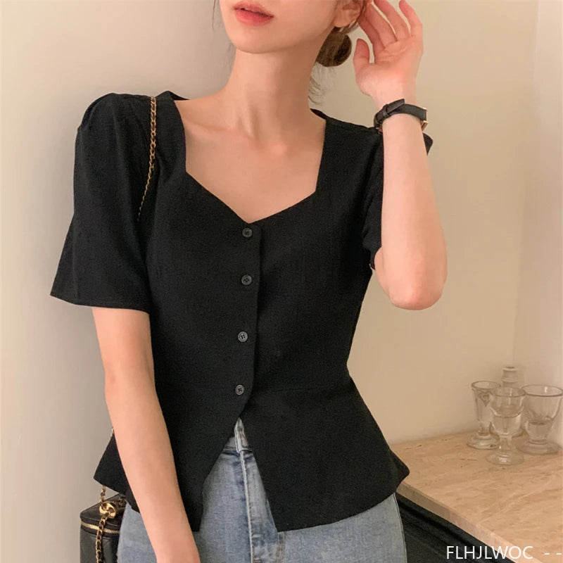 Cotton Linen Short Crop Tops Blouses Retro 2025 Summer Girls Chic Korea Woman Slim Fitted Bodycon Slit Peplum Top Button Shirts