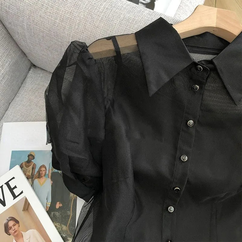 Black Blouse Women Clothing Puff Sleeve Turndown Collar Crop Tops 2025 Blusas Mujer De Moda Gauze See Through Sexy Shirts 7o132