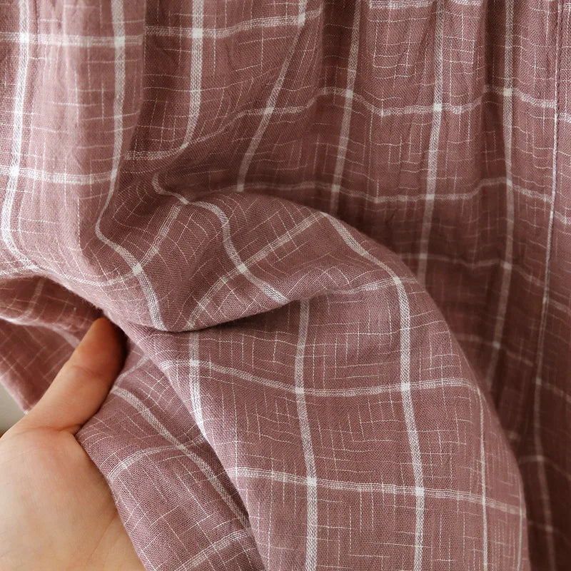 2025 Japanese New Men's Spring/Summer Pajama Set 100% Cotton Plaid Long Sleeve Pants Two Piece Set Large Relaxed Home Furnishing