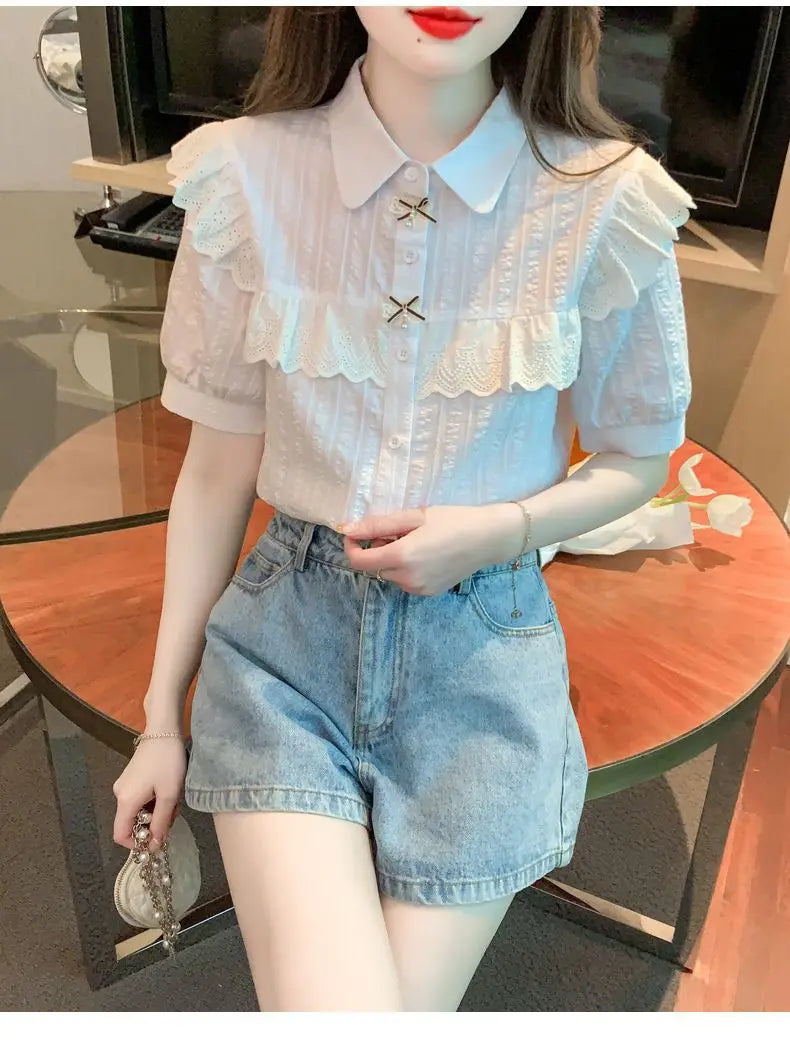Summer Dress Women's Shirt T-Shirt New Women's Shirt Cotton Shirt Women's Foreign Design Sense Niche Short Sleeve Lace Top