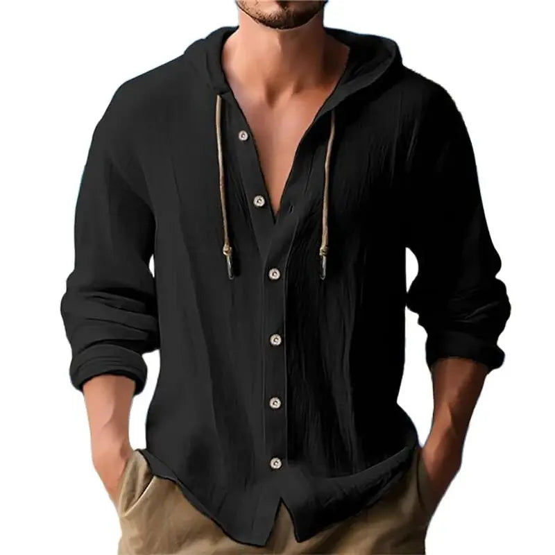 Summer Men's Cotton Linen Shirt Solid Streetwear Long Sleeve Hoodie Clothing For Men Button Tops Casual Loose Men Hooded Shirt