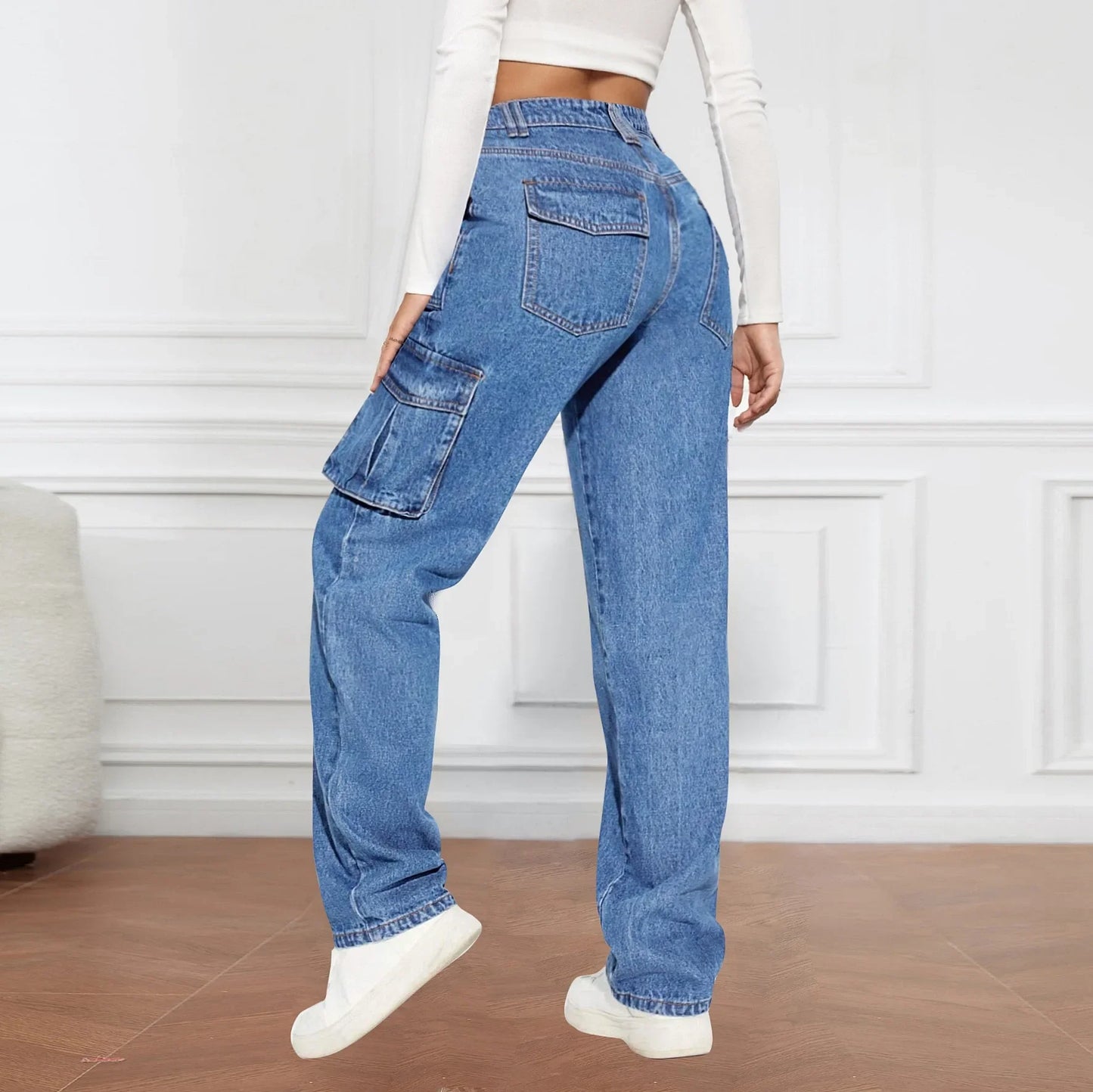 American Retro Mid-waist Multi-pocket Cargo Pants Jeans, Women's Casual Loose Straight Long Pants, Patchwork Jeans,Spring Autumn