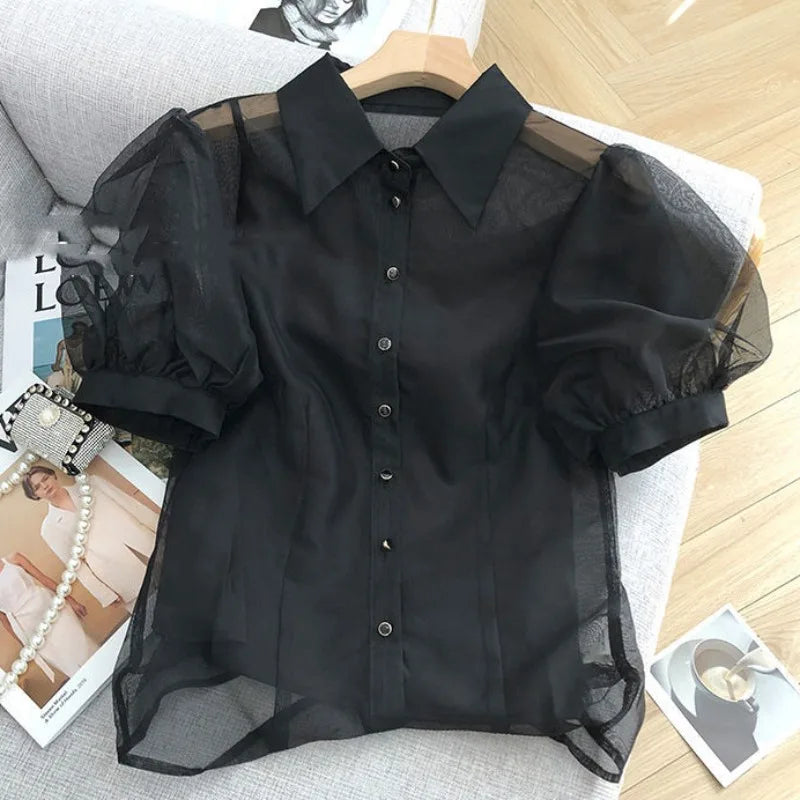 Black Blouse Women Clothing Puff Sleeve Turndown Collar Crop Tops 2025 Blusas Mujer De Moda Gauze See Through Sexy Shirts 7o132