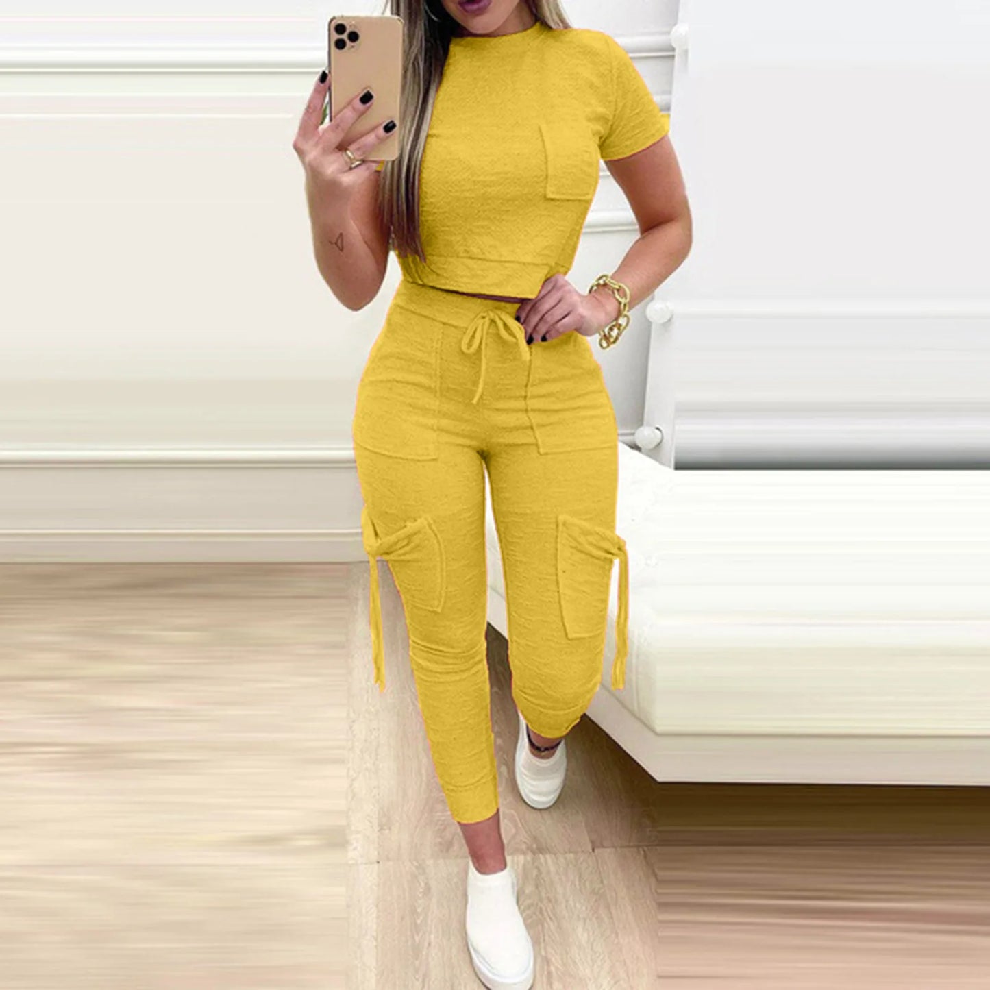 Tight Solid Color Two Piece Set Women Cropped T Shirt Slim Long Pants Leace-up Pocket Ladies Sets 2023 Spring Summer Sportswear
