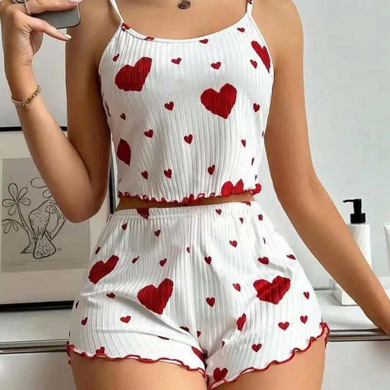 Summer New Women's Pajama Set Breathable Soft Casual Love Printed Design Sweet Home Strap Shorts Pajamas