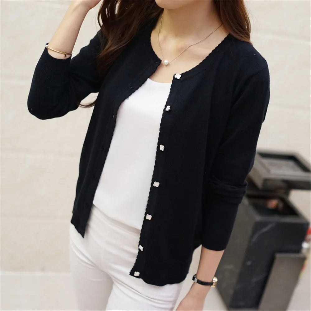 Fashion Korean Sweater Women Short Cardigan Coat Ladies Female Knit Sweater Long Sleeve Crochet Casual Cardigans Woman BasicTops