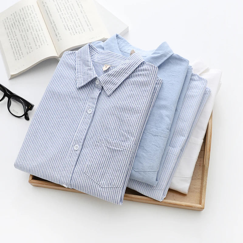 Casual Cotton Women's Oxford Shirt 2024 Autumn New Good Quality Woman Blouse and Tops Lady White Blue Striped Shirts Clothes