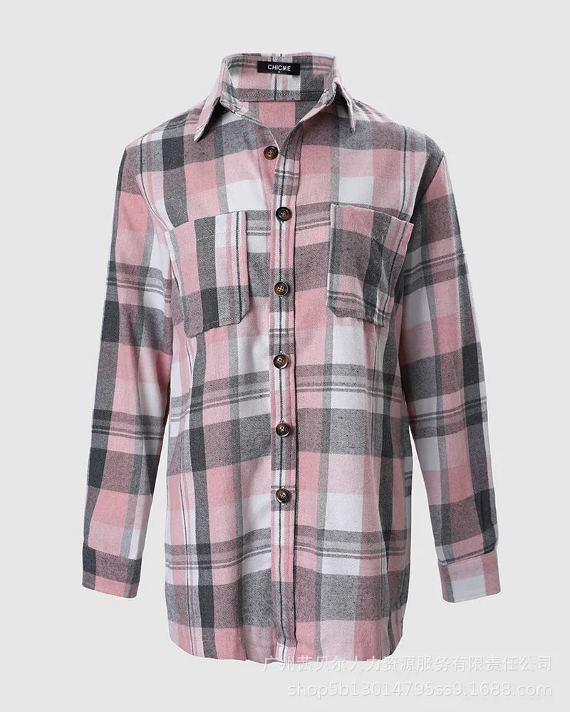 Women Coat Spring New Loose Plaid Pocket Splicing Shirt Coat Women Long Sleeve Single-Breasted Cardigan Turn-down Collar Coat