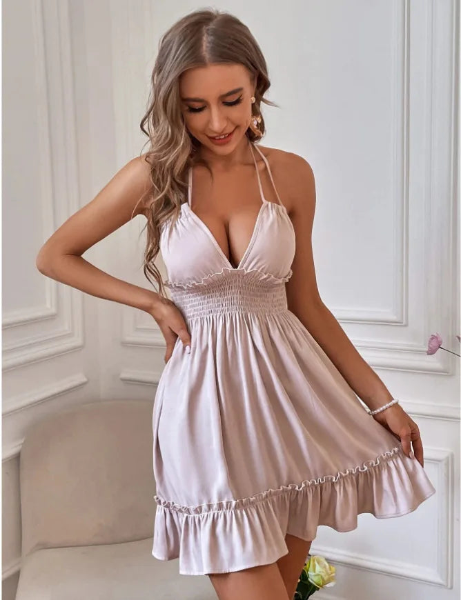 Women's Clothing European Dresses popular deep V-rope suspender black fungus edge parallel wrinkled seam backless sexy dress
