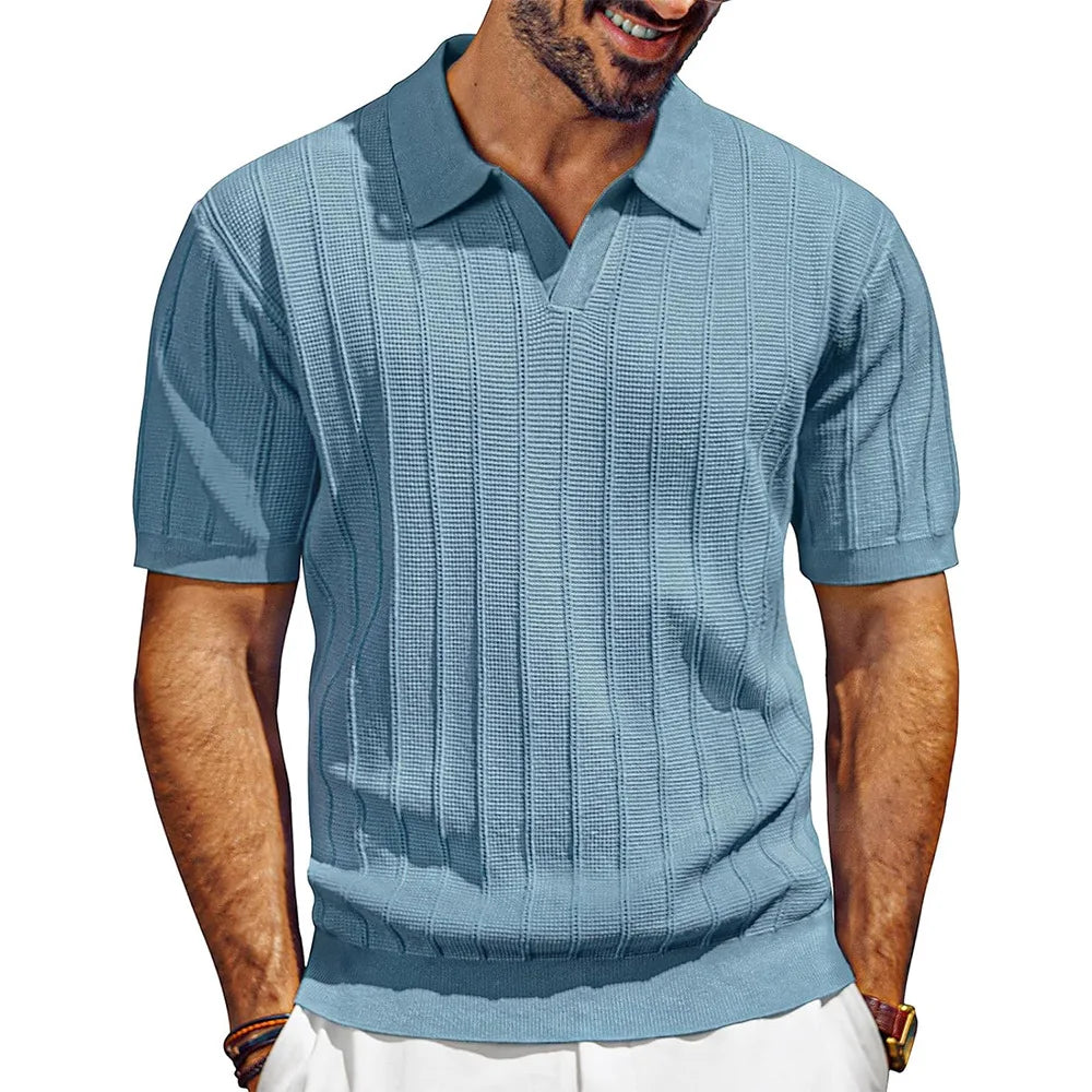Polo Shirts Knitted Solid Tops Pullover V Neck Short Sleeve Tees Men Casual Shirt Summer Slight Strech Spliced Loose 2025