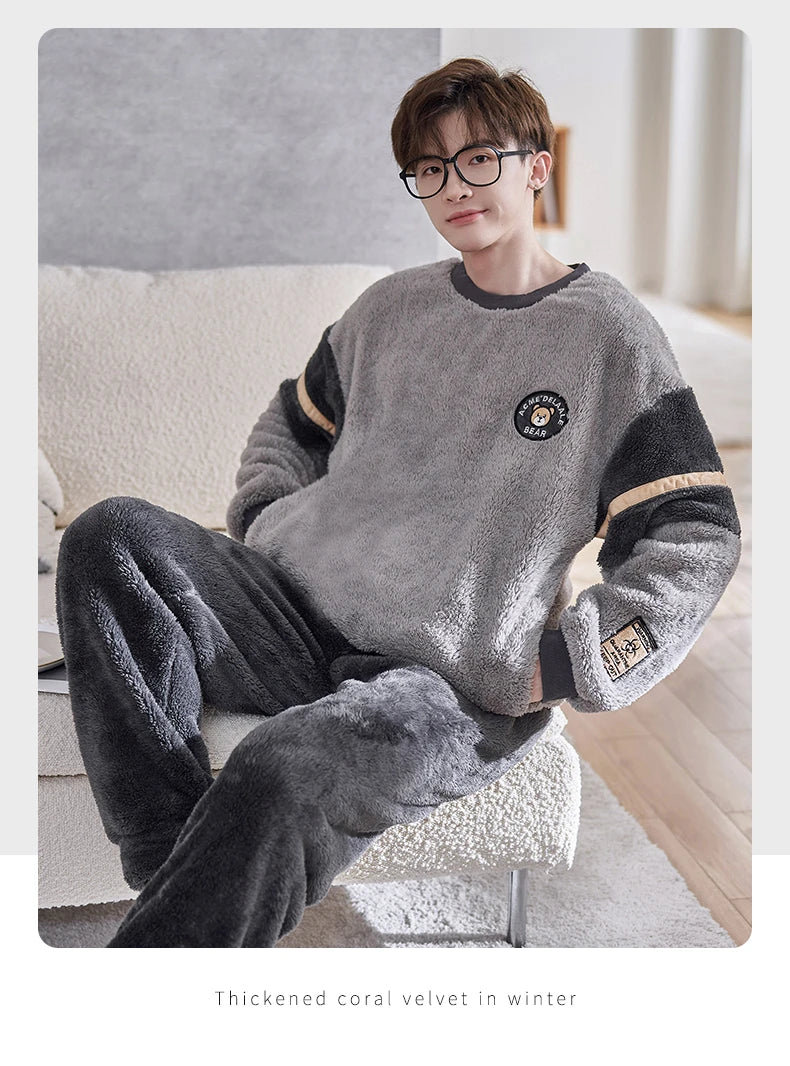 Winter Korean Men Pajamas Sets Adult Sleepwear Home Clothes Thicken Soft Pijama Suit Loungewear Loose Bear Male Pyjama Clothing