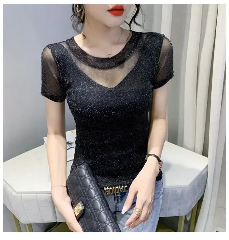 Summer Women Clothing 2025 New Half-sleeved Fashionable Short-sleeved T-shirt Hollow Mesh Top Lace Pullover