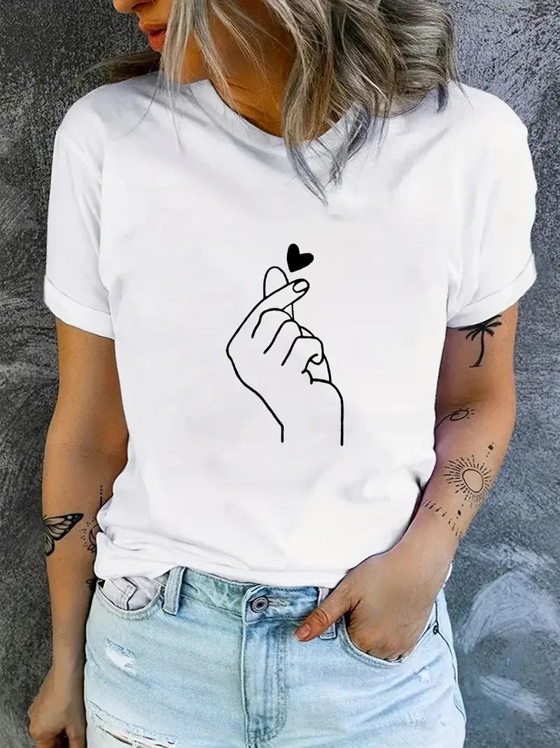 Tshirt Heart Print T-Shirt Short Sleeve Crew Neck Casual Top for Summer Spring Women's Clothing Aesthetic Clothes