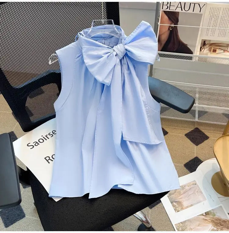 White Blouse for Women 2025 Blusas Mujer De Moda Bandage Bow Sleeveless Loose Shirts Fashion Sweet Summer Blouses Tops Female