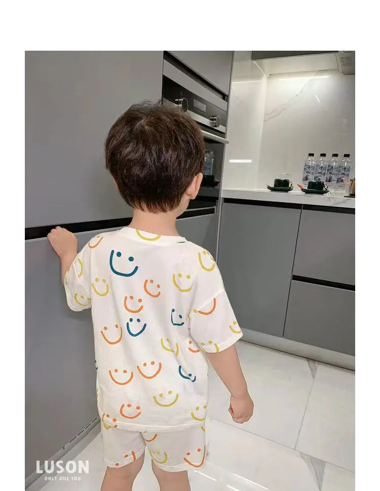 Summer Home Clothes Air-conditioned Clothes Boys and Girls Ice Silk Fabric Loose Short Sleeved Shorts Two-piece Set of Pajamas