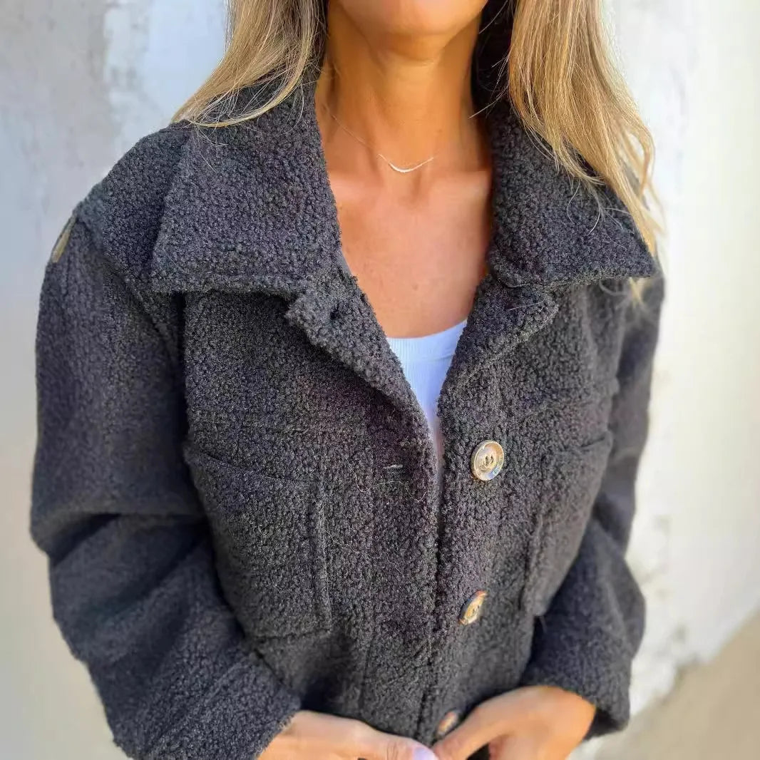 Lamb Wool Coat Women Autumn Winter Outerwear Warm Short Jacket Single Breasted Turn Down Collar Pockets Office Lady Overcoat